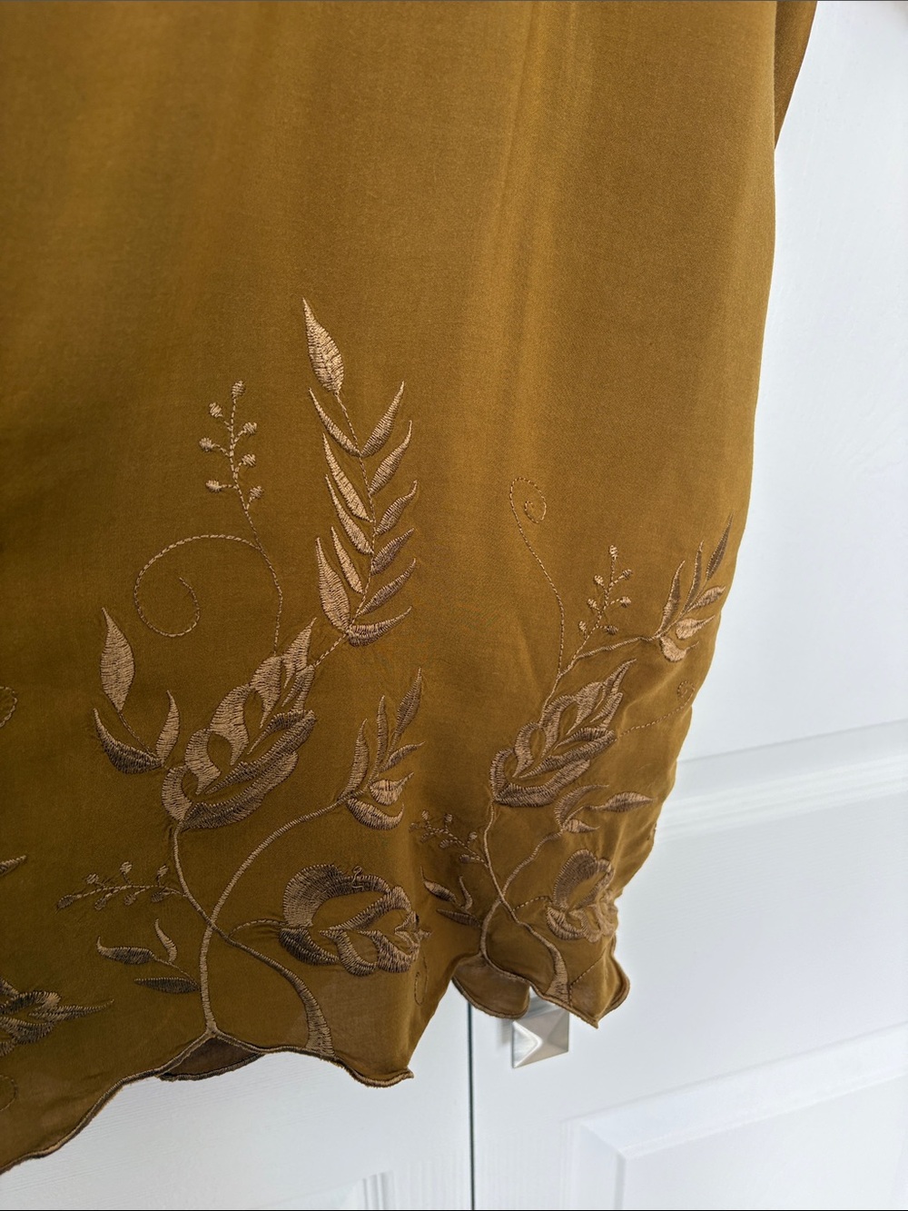 RW&CO. Mustard Ruffled Peasant Blouse with Embroidered Hem - Picture 4 of 6